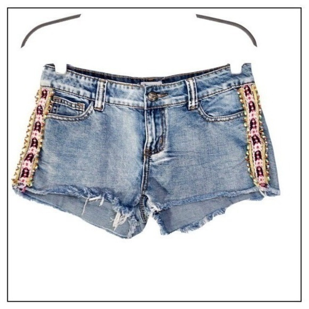 Others Follow Shorts Women 26 Blue Boho Embroidered Festival Cutoff Denim Summer